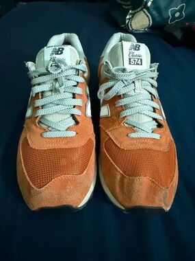 New Balance 574 Men's Orange Suede & Mesh Sneakers with Light Gray Laces